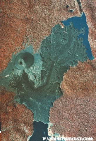 False-color aerial photo of Cinder Cone and the Fantastic Lava Beds