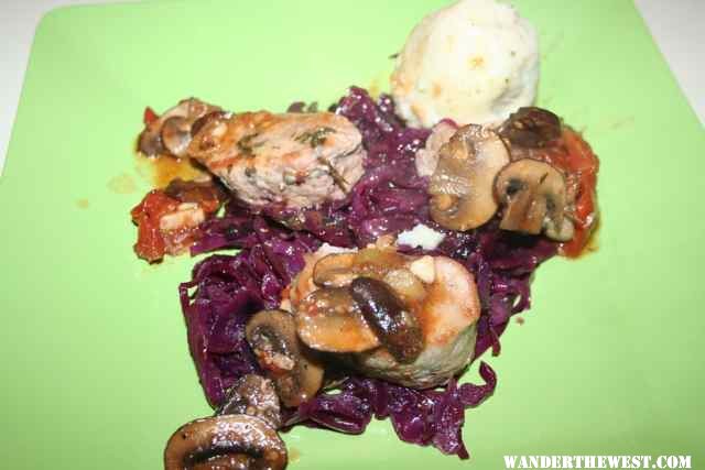 Seared Pork with braised Cabbage and Mushroom sauce