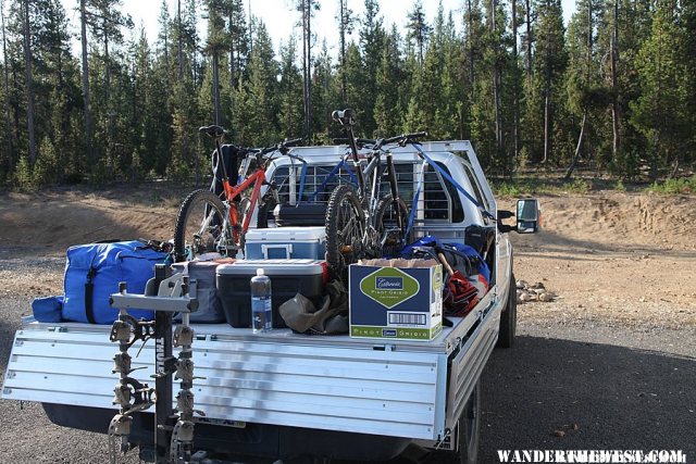 Flatbed loaded for a weekend of camping and bike racing