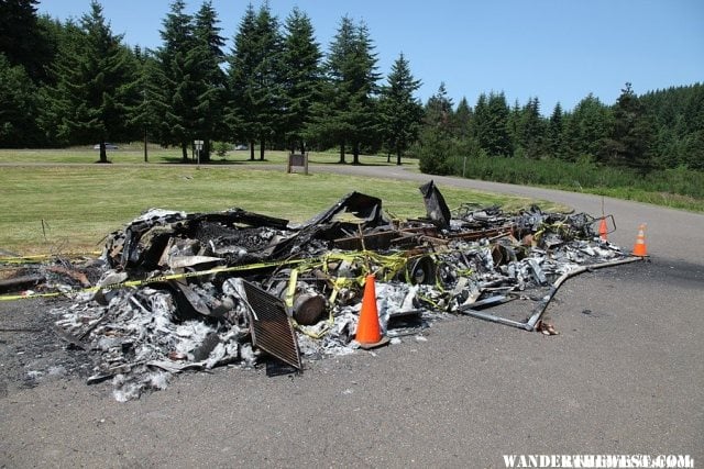 Burned RV on Highway 20 Oregon