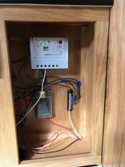 Control cabinets with Tracer 20 A MPPT solar charge controller, and Blue Sea fuse block and Negative bus bar