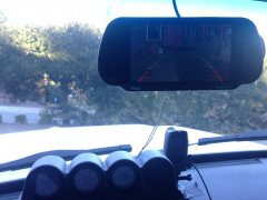 Podman Dash Pod w/Gauges, Brinno Time Lapse Camera and Pyle Backup Camera Monitor over Rear View Mirror